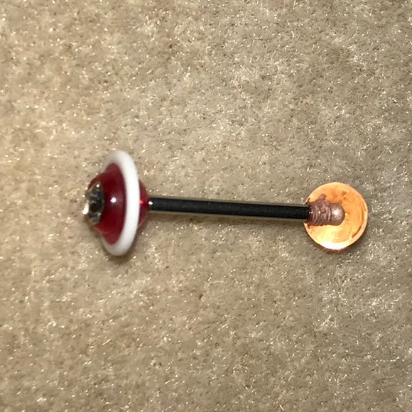 14 Gauge Red and white with Clear Rhinestone Space Ship Tongue Ring - Picture 4 of 4